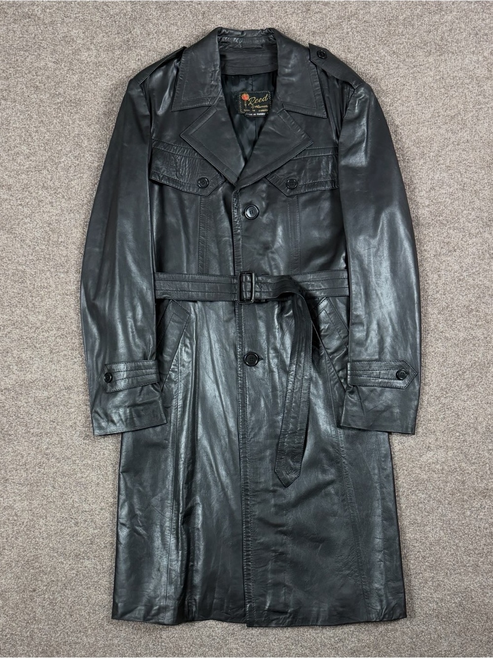 Vintage Reed Black Genuine Leather Long Belted Trench Coat Men’s Size Large / 42